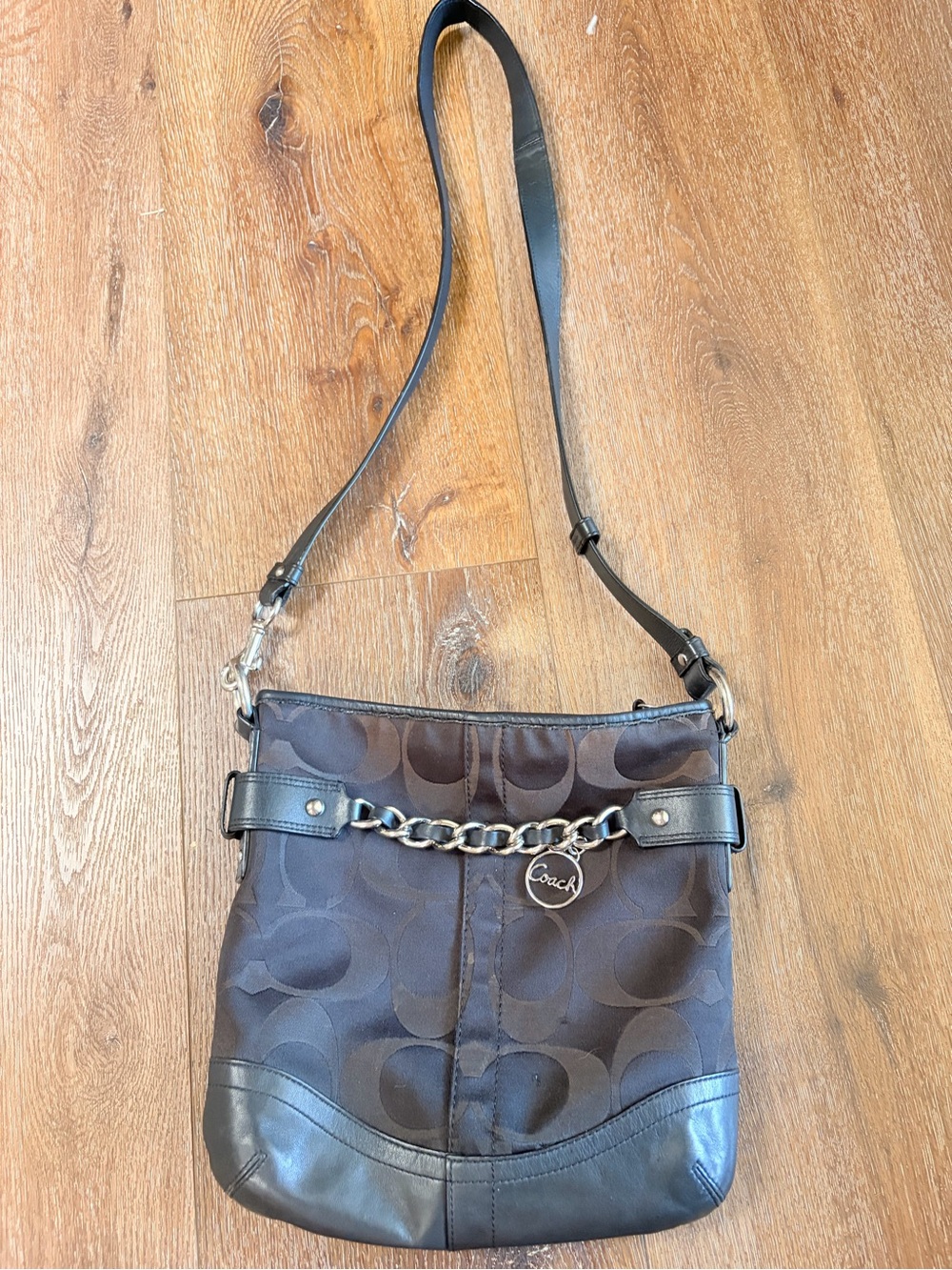 Coach Brown Signature Crossbody with Chain Charm